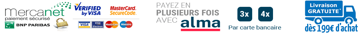 Commande sécurisée avec N° DE SUIVI. LIVRAISON GRATUITE France métropolitaine dès 199€ d'achat. Paiement CB, cash, chèque, virement. PAIEMENT x3, X4 à partir de 400€ (2500€ max). SERVICE CLIENT et SAV non surtaxé au 0981 344 144. 